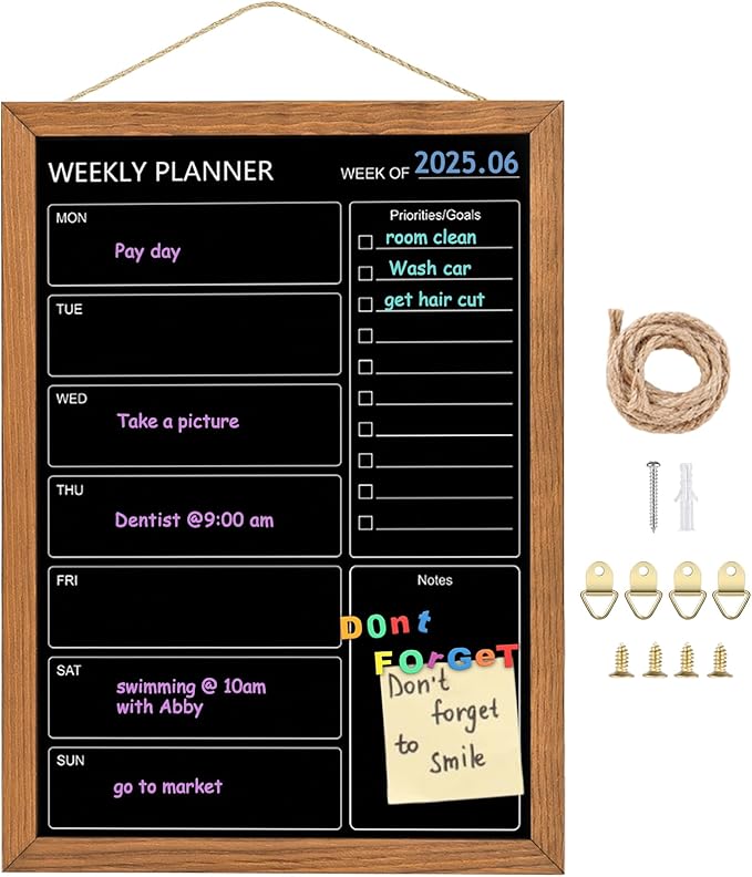 Calendar Weekly Chalkboard, 10.6" * 14.6", Magnetic Surface Rustic Brown Solid Pine Wood Frame Black Board for Office, School and Home(ZLHB-QZ-2737)
