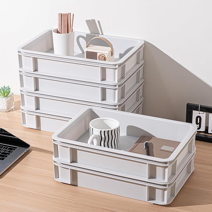 Desktop Organizer Bundle - Large Stackable Storage Bins with Open Tops! The Complete Multi-Size Solution for Your Entire Home & Office.15.8''*11''*3.26'' (Grey, 6Large)