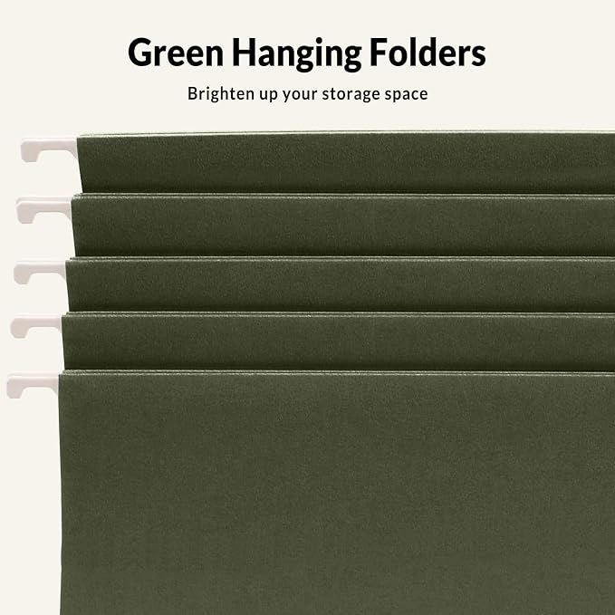 SUNEE Hanging File Folders, 75 Pack Reinforced Hang Folders Letter Size, Adjustable 1/5-Cut Tabs, Designed for Bulky Files, Filing Cabinet, Standard Green