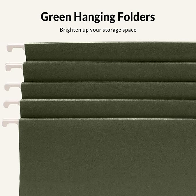 SUNEE Hanging File Folders, 75 Pack Reinforced Hang Folders Letter Size, Adjustable 1/5-Cut Tabs, Designed for Bulky Files, Filing Cabinet, Standard Green