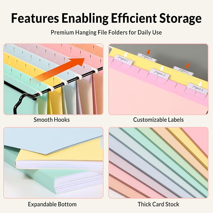 SUNEE Hanging File Folders, 50 Pack Letter Size Hanging File Folders with 1/5-cut Tabs, Stay Organized for Your Home and Office Bulk File, Documents and Paper, 10 Macaron Colors