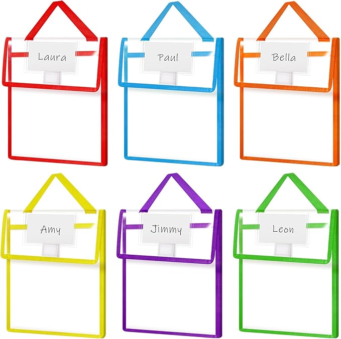 Teling 6 Pack Thick Clear Book Pouches with Blank Name Tags and Handles Book Baggies Bags Bins Organizer for School Classroom Library Pockets Students (10 x 12 Inch,Bright Color)