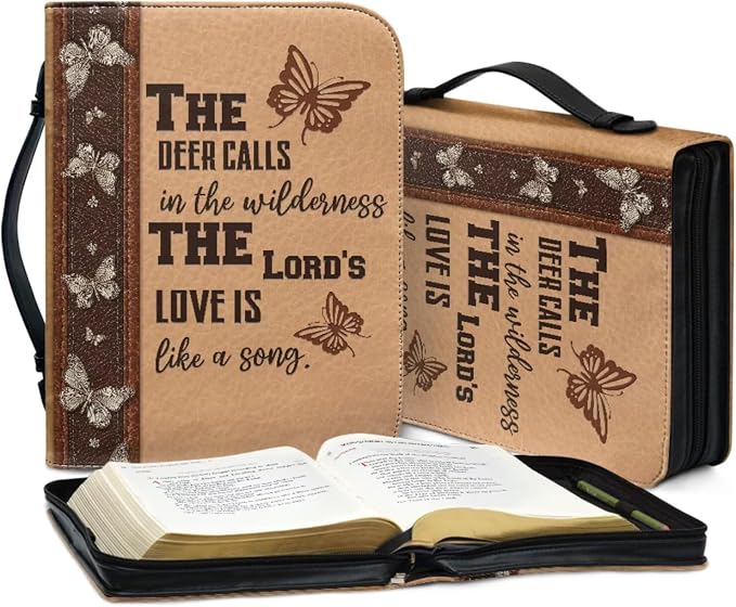 Vintage Religious Cross Deer Bible Case with Bookmark Waterproof Bible Cover Case for Women Lightweight Bible Bag with Handle Pockets Church Book Bag Brown