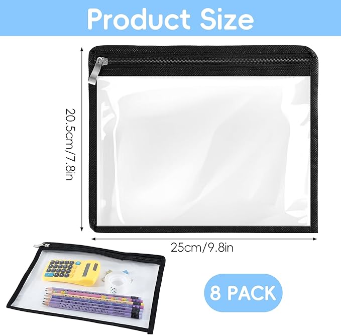 8 Pcs Clear Zipper Pouches, Clear Pencil Pouch,PVC Waterproof Makeup Pouch Envelopes Folder Storage,Document File Organization Bags for Home Office Supplies(10.6 x 8.3inch)