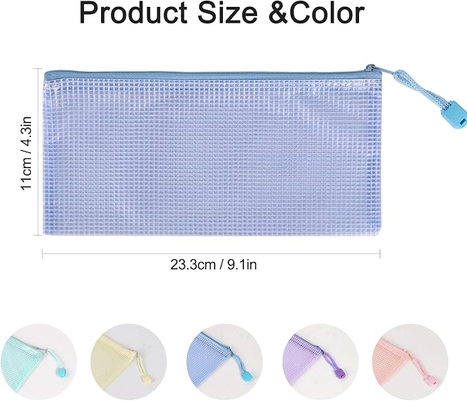 MultiBey 20 Pack A6 Mesh Zipper Pouch Bags with Labels, 9.1 x 4.3 in Waterproof Small Mesh Zipper Pouch Document Pencil Case for Travel, Cosmetics, Office Organization, 5 Macaron Colors