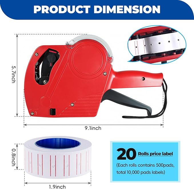 Price Gun,Handheld Price Tag Gun Red Pricing Gun with Extra 10,000 Pad Labels and 2 Pack of Inks Price Guns Tool Set for Retail, Price Stamp for Groceries Price Labeling