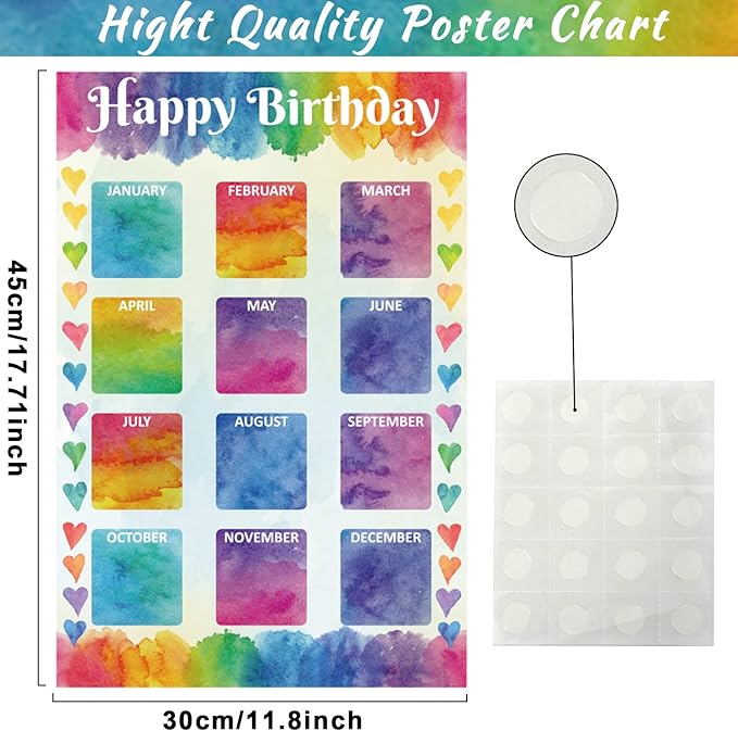 Happy Birthday Chart for Classroom, 2Pcs Birthday Poster Decoration 17’’ x 12’’Watercolor Birthday Calendar Cutouts for School Bulletin Board, Chalkboards, Wall Decor