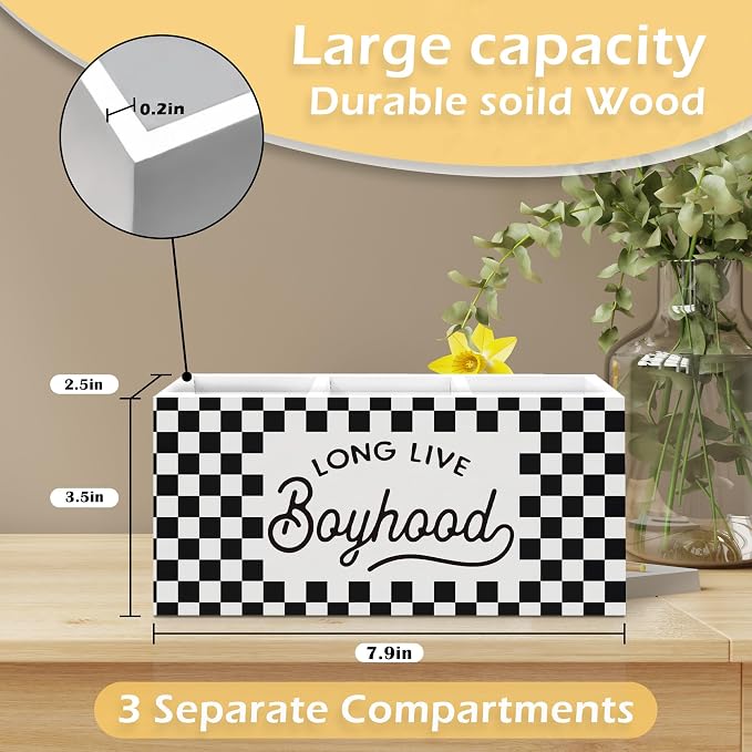Long Live Boyhood Pen Pencil Holder, Checkered Desk Accessories, Black and White Checkered Wooden Pen Pencil Organizer for Boys Room Bedroom Playroom Office Desk Decor
