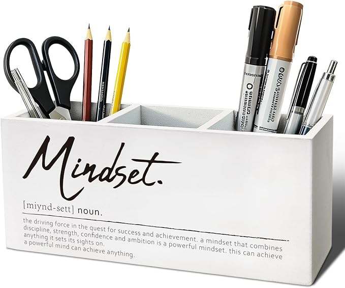 Inspirational Pen Pencil Holder, Motivational Gifts for Women Men Wood Desk Organizer and Accessories, Mindset Definition Pen Holder Desk Organizer for Office Tabletop