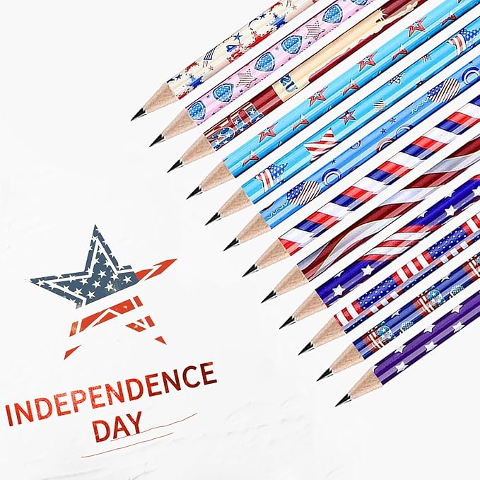 American Flag Themed Wood Pencils with Eraser, 48pcs Patriotic Pencils in 12 Designs, USA Flag Gifts Pencil for 4th of July USA Independence Day Parades Party Favors School Office Supplies