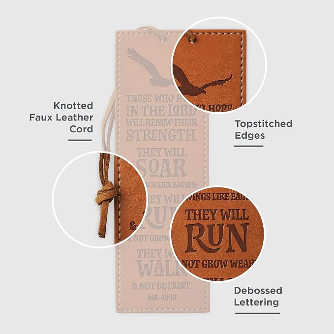 Christian Art Gifts Vegan Faux Leather Scripture Bookmark for Men: Hope in The Lord - Isaiah 40:31 Inspirational Bible Verse, Heat-Debossed, Faith-Based Reading Book Accessory with Cord Tassel, Brown