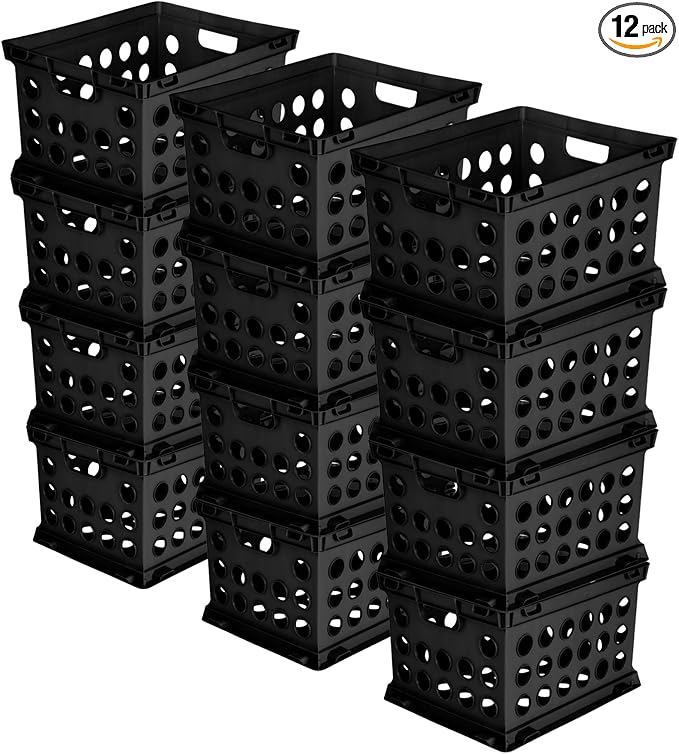 Sterilite Stackable Sturdy Storage Crate Organizer Bins with Handles for File and Document Organization for Homes, Offices, and Work Areas, Black, 12-Pack