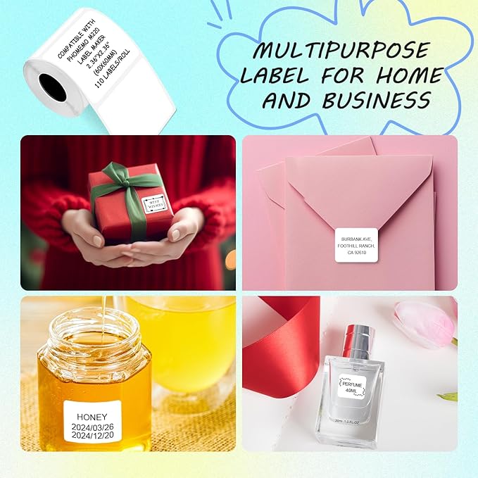 Thermal Labels Compatible with NIIMBOT B3S/K3 Label Printer,Compatible with Phomemo M221/M220/M120/M200/M250 Label Printer,2.36"x2.36"(60x60mm), 110 Labels/Roll, 4 Rolls Black on White