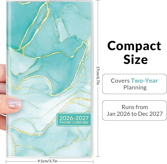 Phyxin Pocket Calendar 2026-2027, Small Calendar 2026 - Runs From Jan 2026 to Dec 2027, Pocket Planner-3.7" x 6.7" with PVC Cover, Pocket Calendar for School, Home and Office Supplies, Marble