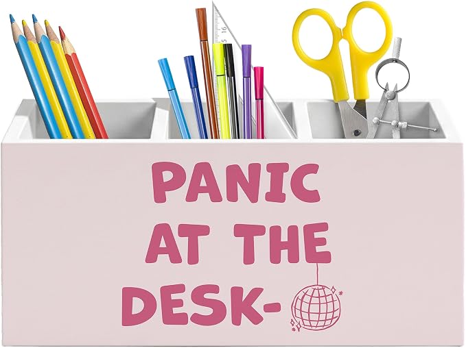 Funny Pink Office Pen Holder for Desk, Preppy Room Decor, Funky Y2K Disco Ball Aesthetic Panic at the Desk Wooden Box Pencil Pen Organizer for Home Office Desk Tabletop