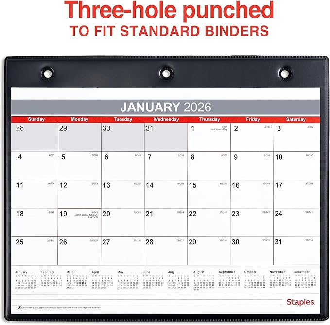 2026 Staples 11" x 8" Monthly Calendar, White/Red/Gray