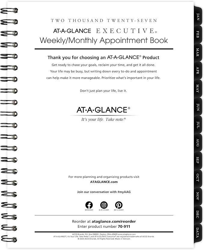 AT-A-GLANCE 2027 Weekly Monthly Padfolio Refill for 70NX8105, 8.25" x 11", Executive (709111027)