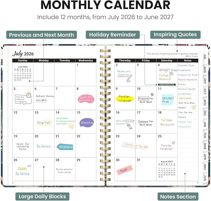 2026–2027 Academic Planner, Weekly and Monthly Planner for Women, July 2026 - June 2027, Pretty Hardcover 2026–2027 Academic Planner with Tabs, Inner Pocket, Spiral Bound, Perfect Office Home School Supplies - 6.3" x 8.5", Vivid Mushroom