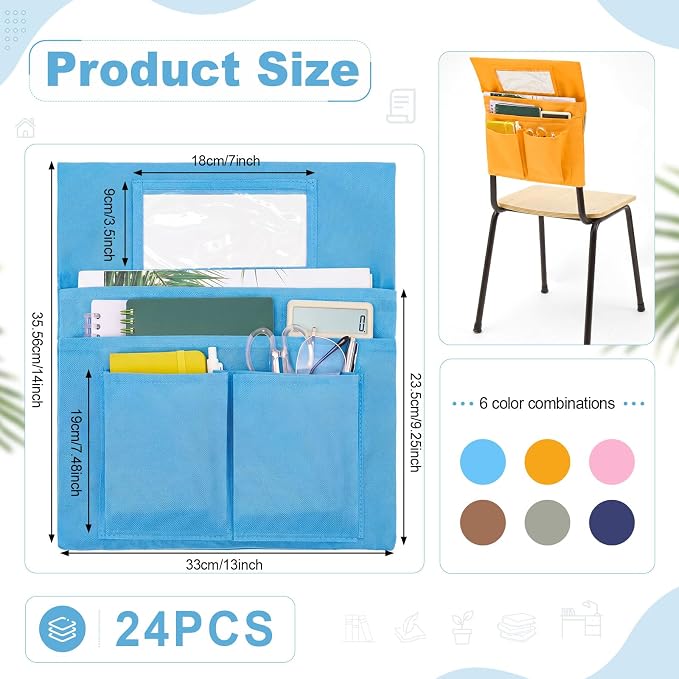Remagr 24 Pcs Chair Pockets for Classroom Chairs, 14" x 13" Chairs Sacks with Name Tags for Chairback, Multi Pockets Storage Bags Chair Organizer for Kindergarten Elementary School(Neutral Tones)