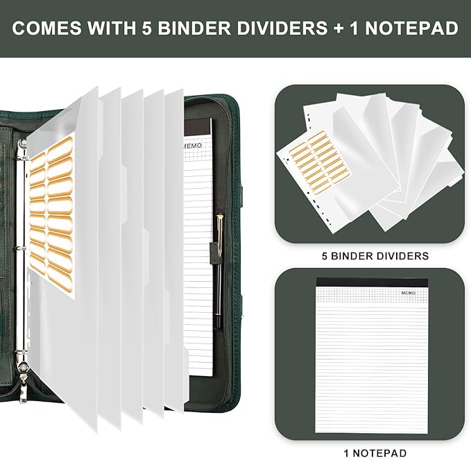 Leathario Portfolio Binder, Includes 5 Folder Index Dividers, 13 Inch Tablets Organizer with Handle, Vegan Leather A4 Padfolio, Multi-Pocket Notepad Business Planner Professional Document