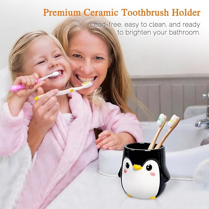 Penguin Pen Holder, Cute Pencil Cup, Ceramic Office Decor，Multifunctional Toothbrush Holder & Makeup Brush Storage, Gift for Couples Coworkers，Male Penguin