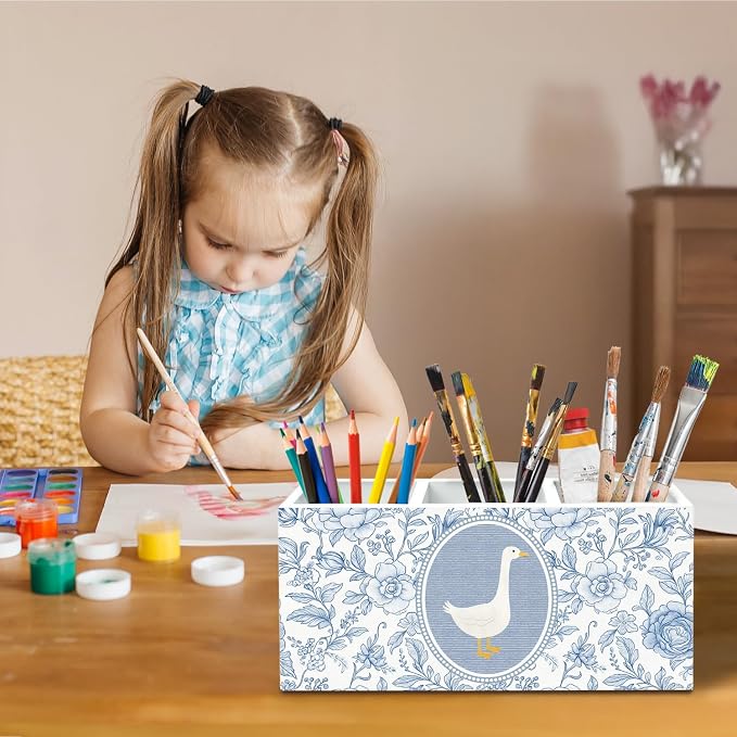 Chinoiserie Goose Flower Pen Holder for Desk, Blue and White Floral Pencil Organizer, Grandmillennial Goose Wooden Box Sign Desk Decor for Girl Nursery Home Office Decoration