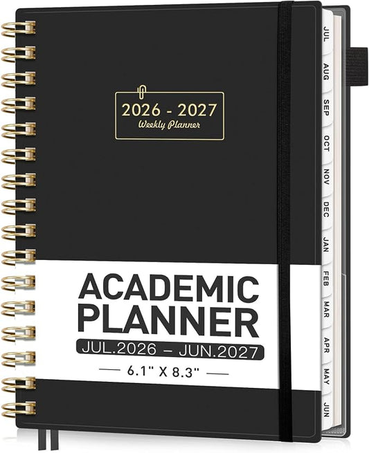 AHGXG Academic Planner 2026-2027, July 2026 - June 2027, Weekly and Monthly, 5.7" x 8.3", for Women, Teacher, Student, School, 12-Month Tabs, Flexible Plastic Cover (Black)