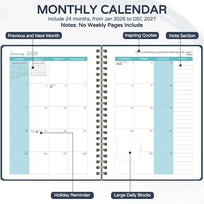 Monthly Planner 2026-2027, 2 Year Calendar 2026-2027 (Jan 2026 - Dec 2027), 7" x 10", 26-27 Monthly Calendar Planner, 24-Month Planning Book for Home School Office Supplies