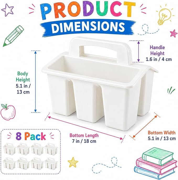 8 Pack Classroom Caddy Storage Basket with Handle 4 Compartment Storage Caddy Plastic Arts Crafts Caddies Protable Classroom Craft Caddies for Kids Schools Art Craft Supplies(White)