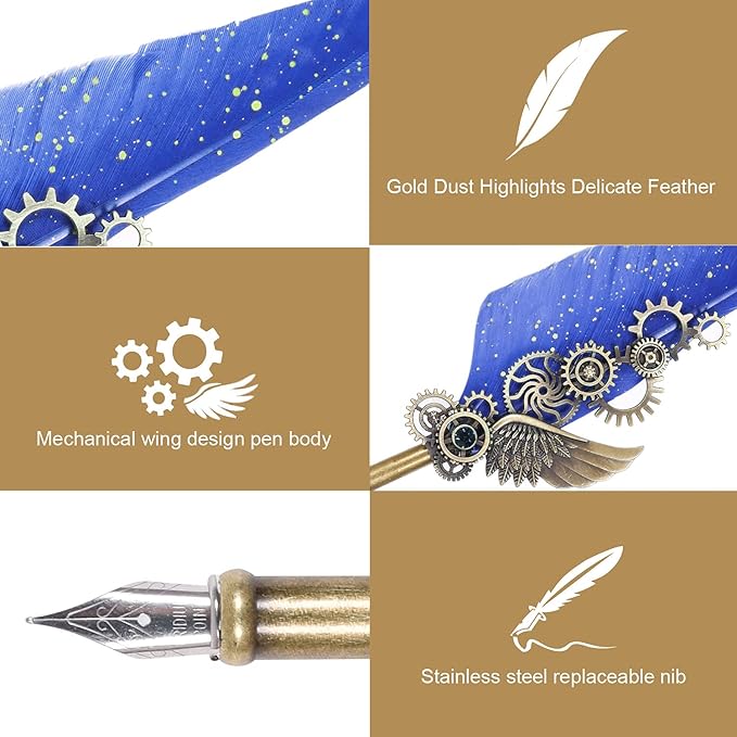 NC Feather Pen Ink Set, Quill Pen Includes 5 Bottles of Ink and 6 Replaceable Nibs, Mechanical Quill Pen for Writing, Letters, Diary, Signing, Invitations (Navy Blue)
