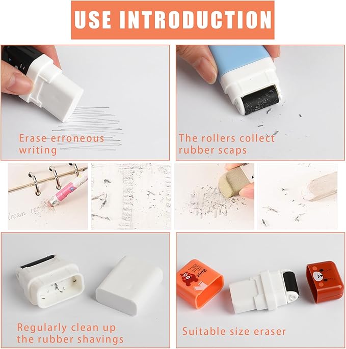 CCINEE 12 Pcs Pencil Erasers,Cute Erasers with Cover and Clean Up Shaving Roller for School Gift Supplies Classroom Prizes