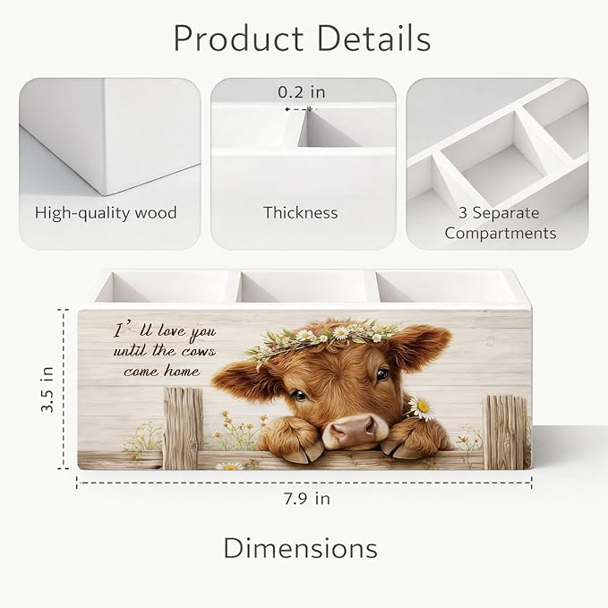 Highland Cow Desk Organizer Wooden Pen Pencil Holder for Desk, 3 Compartments Farmhouse Office Desk Accessories, Cow Lover Gift Farm Animal Desk Decor for Home Office Table Storage