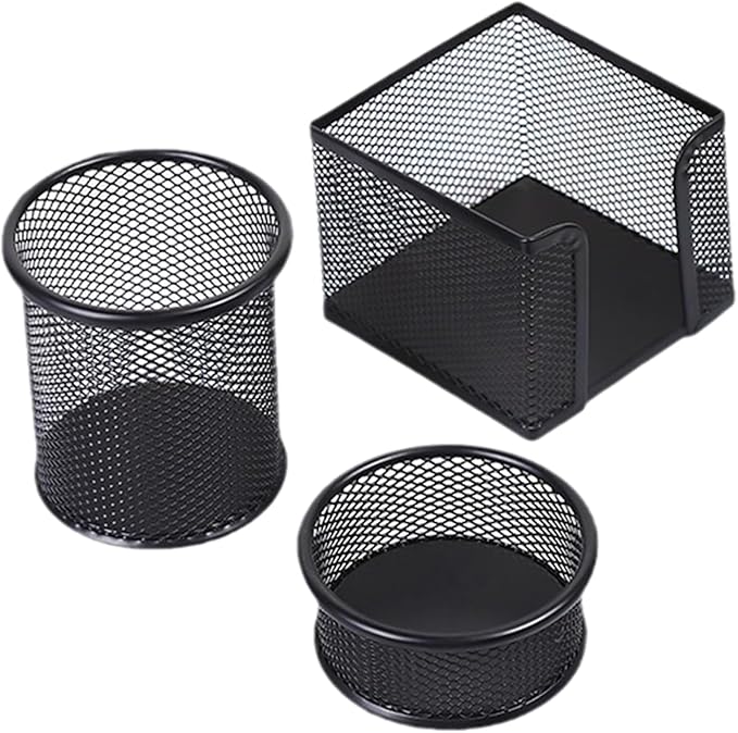 3pcs Pen Holder for Desk, Metal Mesh Pen Cup Paper Clip Holder Memo Pad Holders Stationary Organizer for Desk, Desk Accessories for Office School Home(COLOR:black)