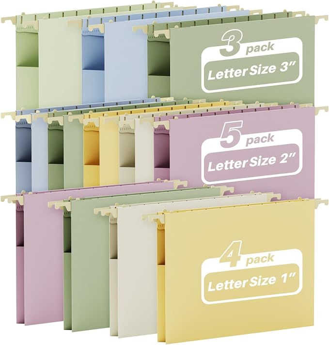 Ansook Plastic Hanging File Folders, 12 Pack Letter Size Hanging Folders with Heavy Duty 1 2 3 Inch Expansion, Expandable Hanging File Folder Organizers for Filling Cabniet - Insertable 1/5-Cut Tabs