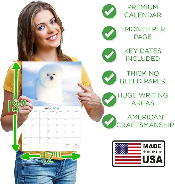 2025 2026 Bichon Frise Calendar - Dog Breed Monthly Wall Calendar - 12" x 18" Open - Thick No-Bleed Paper - Giftable - Academic Teacher's Planner Calendar Organizing & Planning - Made in USA
