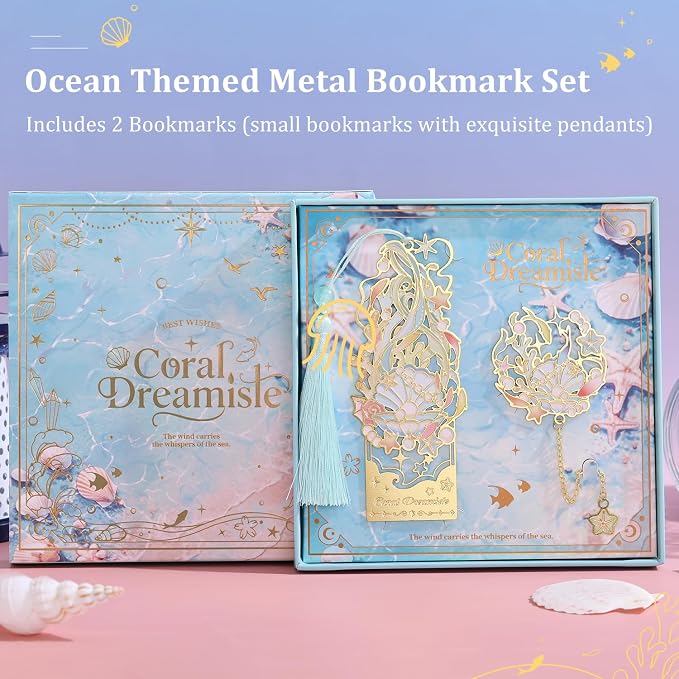 2 Pcs Metal Bookmark Gift Box, Golden Hollow Bookmarks Ocean Painting Theme Book Mark for Women, Book Lovers Writers Readers and Teens, Perfect for Birthday and Graduation Gifts(Green)