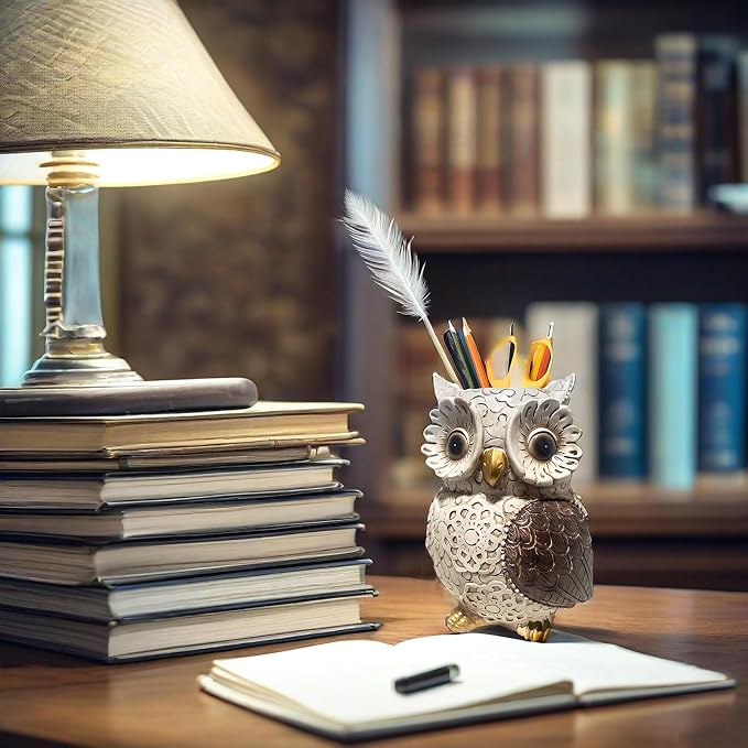 MUAMAX Owl Pen Holder, Owl Pencil Holder for Desk, Makeup Brush Holder Resin Resin Desk Organizer Decorative Accessories, Cute Pencil Cup Pot Desktop for Office Supplies, Classroom, Home