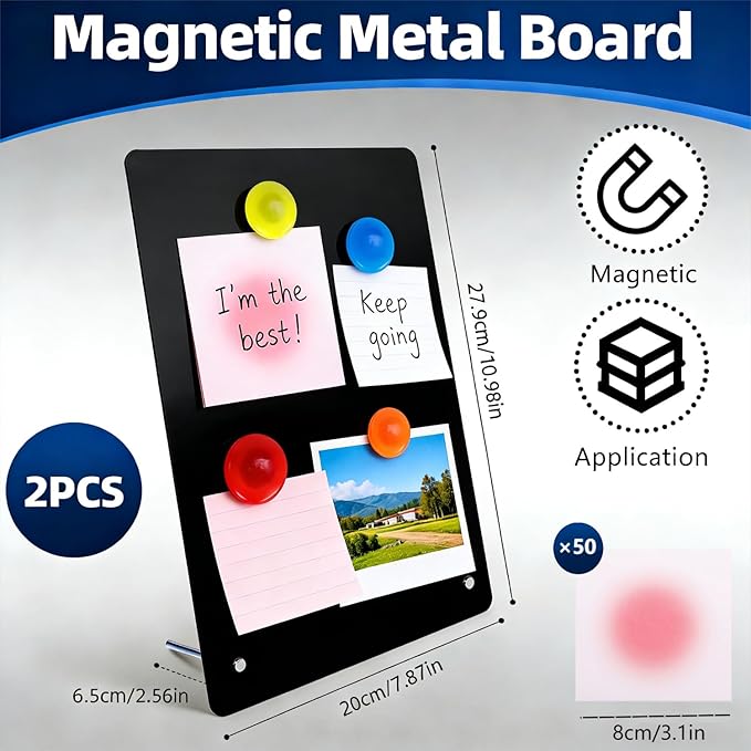 2 Pcs Magnetic Board, Black Magnet Message Board, 11"x7.8"Metal Magnetic Bulletin Board with 50pcs Memo Sheets and 8pcs Magnets, Magnet Display for Home, School, Kitchen, Office(Square,Black)