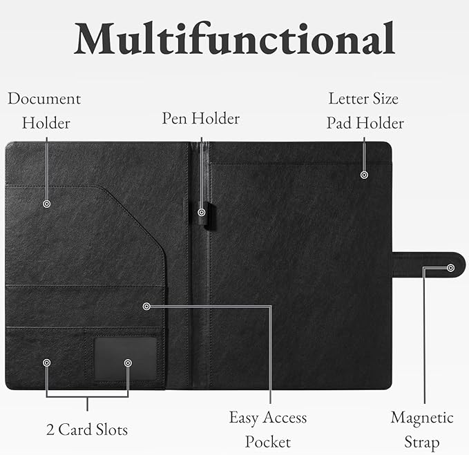 Mymazn Padfolio Portfolio Folder, Faux Leather Interview Resume Folder with Document Organizer & Business Card Holder, Letter-Sized Notepad Legal Pad Holder for Men Women (Black)
