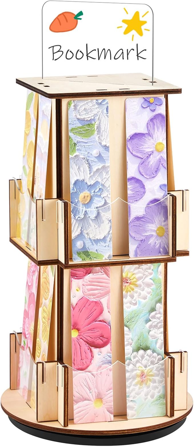Marsui 2 Tier Wooden Rotating Bookmark Display Stand, 5.9 x 14.2 Inches 4 Sided Bookmark Sticker Holder, 360° Rotating No Assembly Required for Vendors, Retail, Showcase, Trade Show
