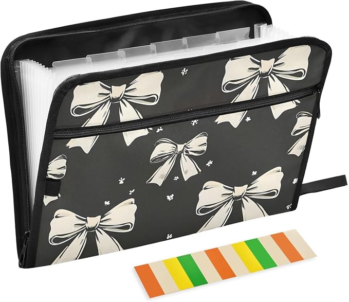 Expanding File Folder Black White Bow Accordion File Organizer 13 Pockets Document Organizer with Zipper Labels A4 Letter Office Storage