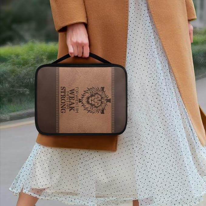 Cross with Lion Print Bible Cover for Women Men,Canvas Bible Book Carrying Cases Church Bag with Handle