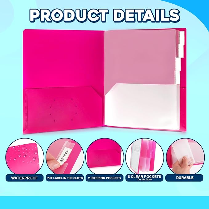 Darice 2 Pack 10 Pocket Folder - Double-Sided Multi Pocket Folder - Letter Size Paper Organizer for Office School - Pink & Blue