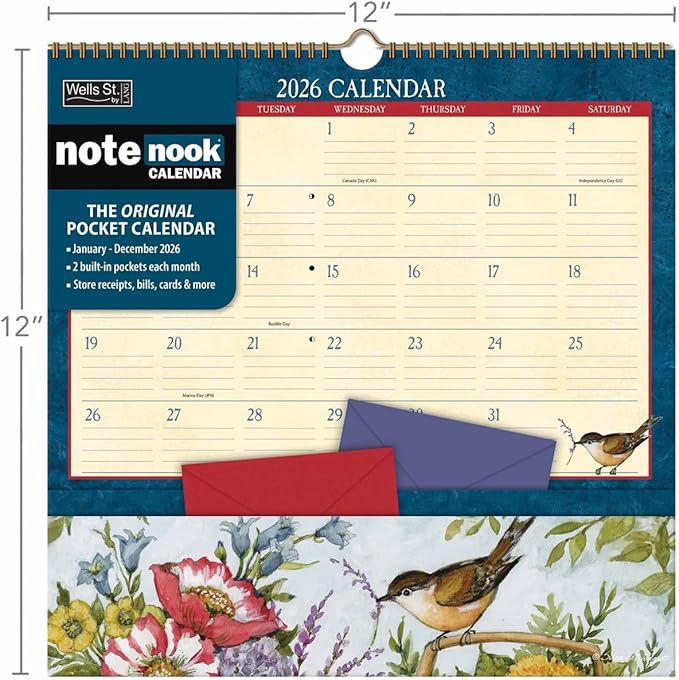 WSBL Heart & Home 2026 Note Nook Wall Calendar – 12-Month Organizer Calendar with Dual Storage Pockets, Tranquil Home & Garden Artwork by Susan Winget, 12″ × 12.125″