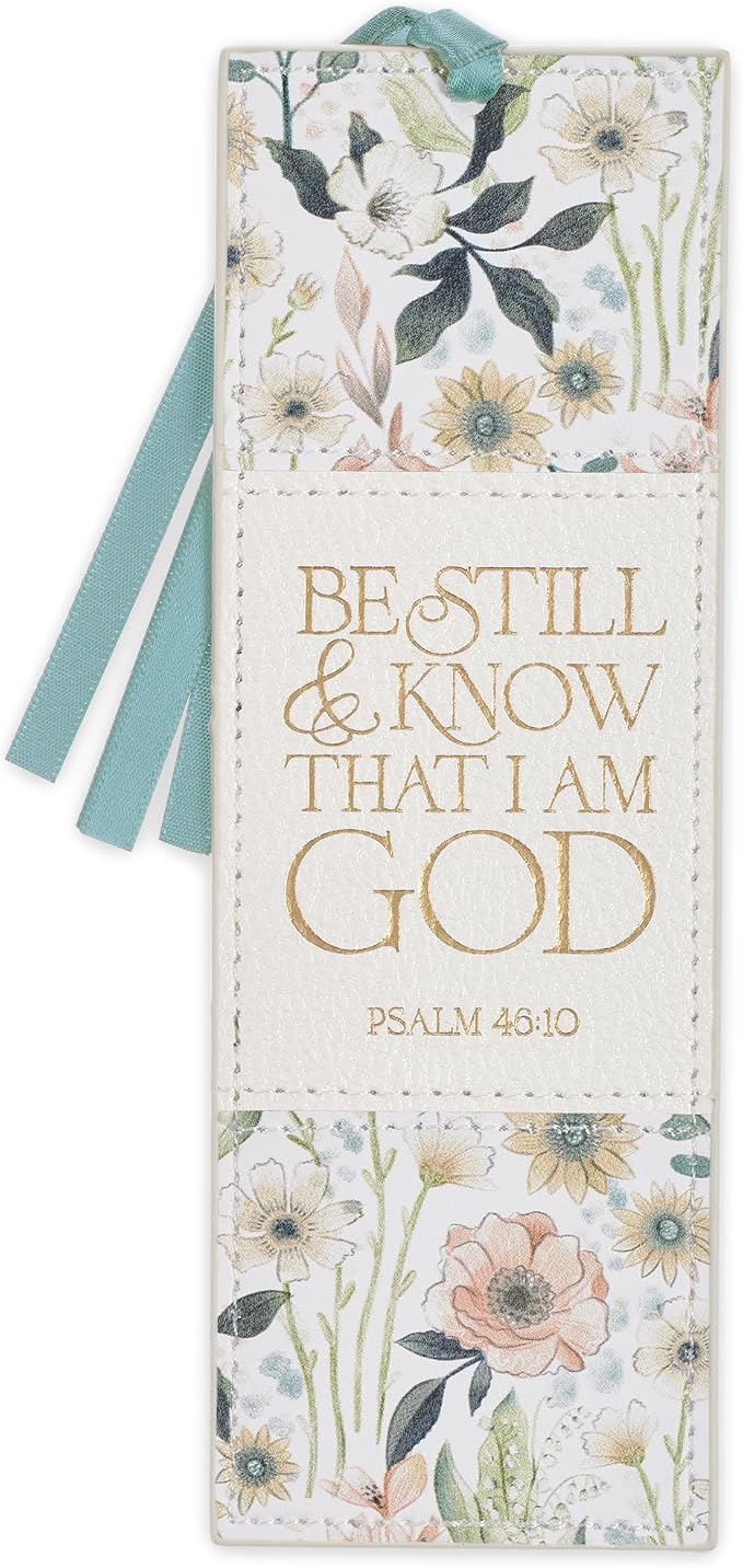 Christian Art Gifts Premium Inspirational Vegan Leather Scripture Bookmark for Women: Be Still & Know Encouraging Gold Bible Verse, Blue Satin Ribbon, Reading, Marking Pages, White Multicolor Floral