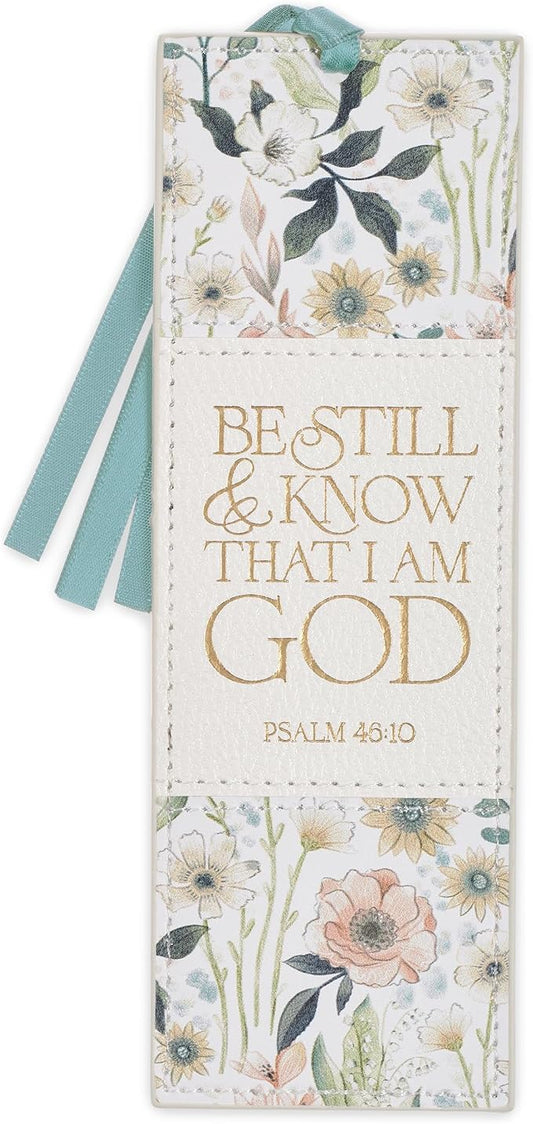 Christian Art Gifts Premium Inspirational Vegan Leather Scripture Bookmark for Women: Be Still & Know Encouraging Gold Bible Verse, Blue Satin Ribbon, Reading, Marking Pages, White Multicolor Floral