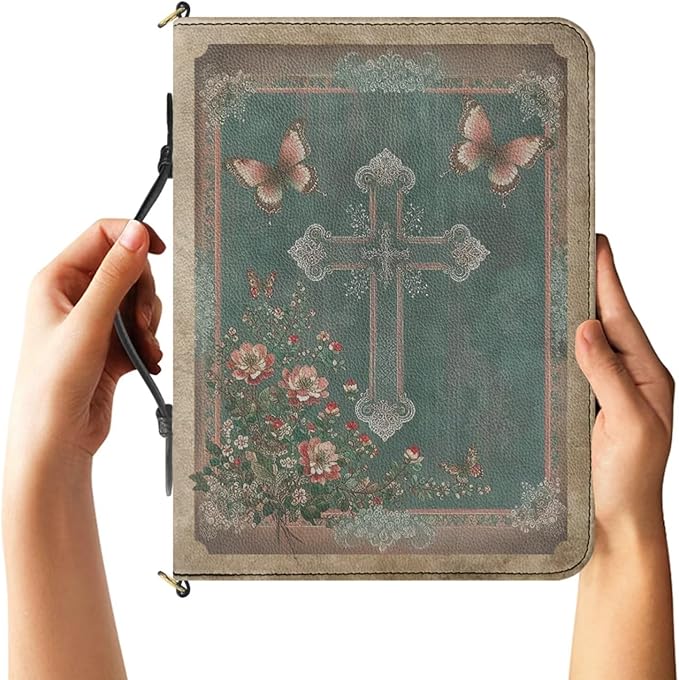 Large Bible Cover for Women, Green Bible Bag with Strap and Handle, Boho Crucifix Print PU Leather Biblia Carrier with Inner Pockets and Pen Loop, Christian Gifts for Women