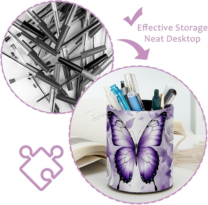 Butterfly Rose Purple Pen Holder Pencil Organizer Cute Pencil Cup Desk Decor Makeup Brush Holder PU Multifunctional Office Supplies for Home Classroom School