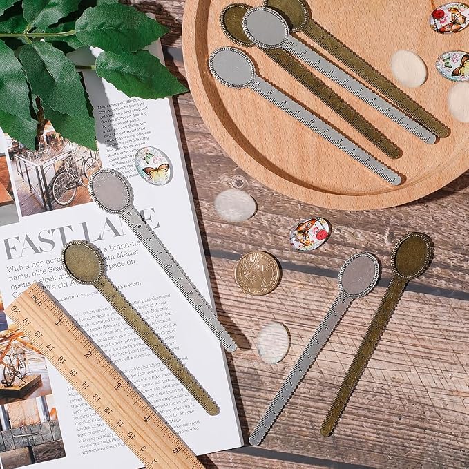 SUNNYCLUE 16Pcs DIY 8 Sets Metal Bookmark Blanks Oval Glass Cabochons Ruler Bookmark Bezel Trays Butterfly Book Mark Blanks Bezels Antique Silver Bronze Cabochon Bookmarks Making Kit for Men Women