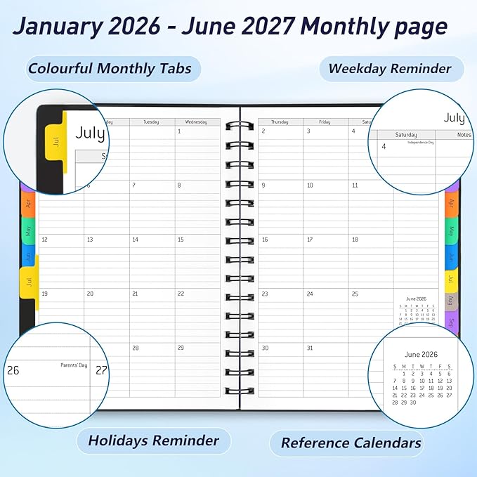 Daily Planner 2026-2027, 18-Month Weekly and Monthly Calendar Planner, Jan 2026 - Jun 2027, 5.7" x 8.3", Flexible Cover, Wirebound, Laminated Tabs, Black